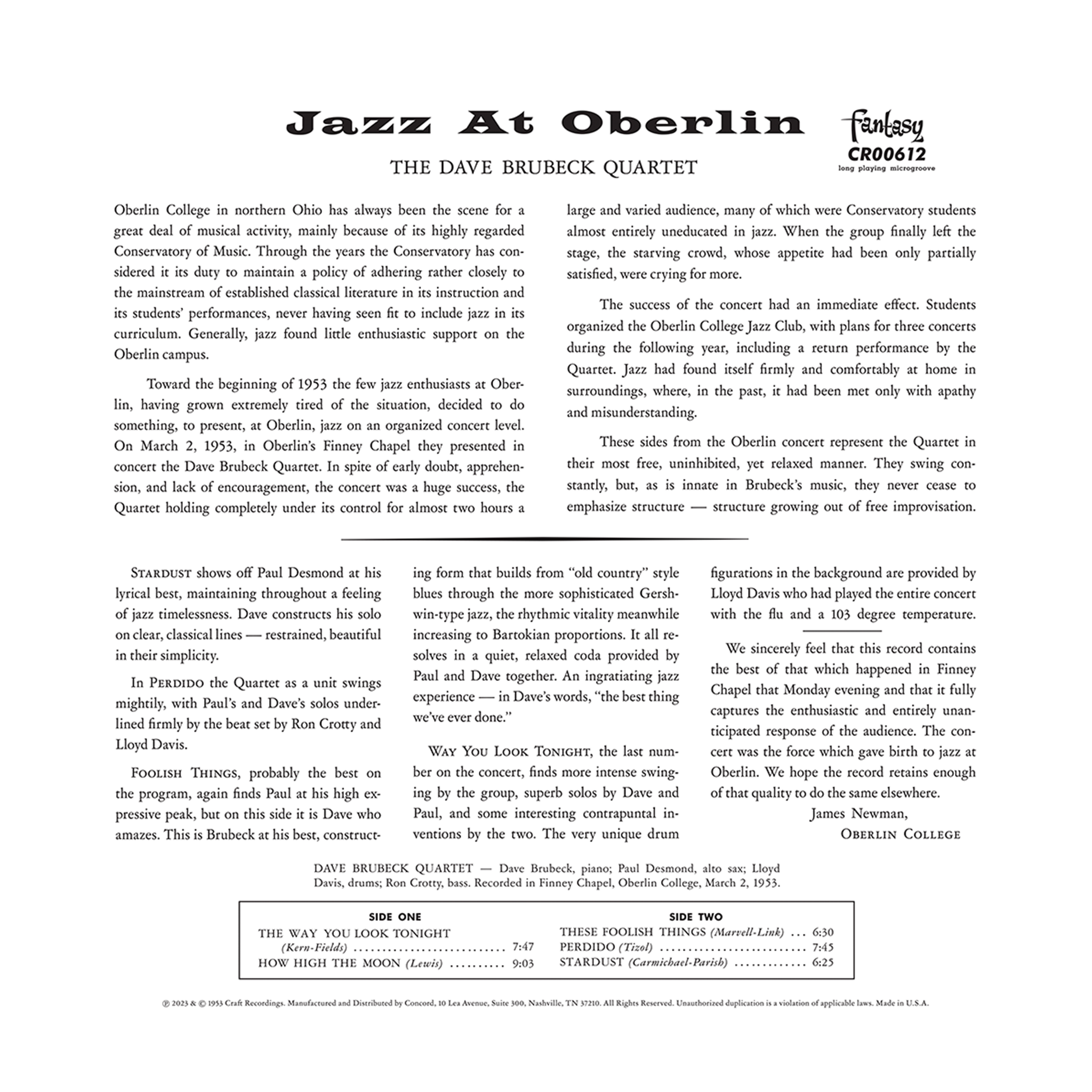 Original Jazz Classics Jazz at Oberlin Dave Brubeck vinile LP 180g