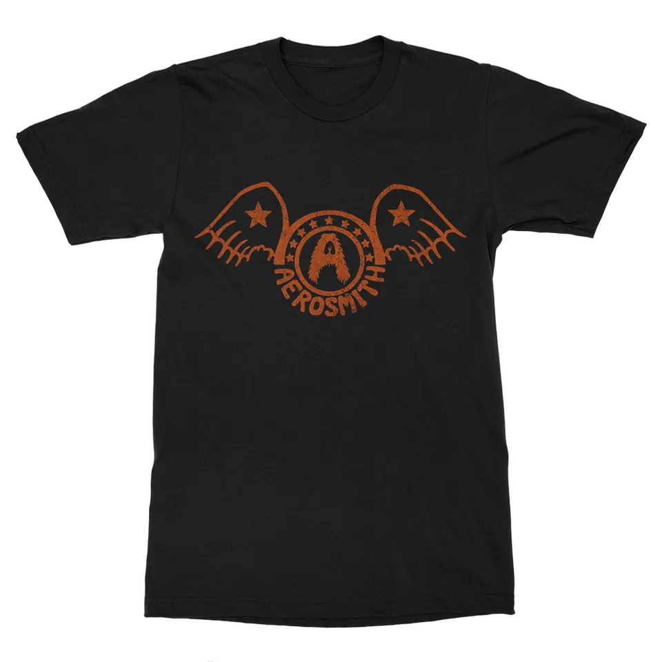 Aerosmith Batwings t-shirt nera logo arancione