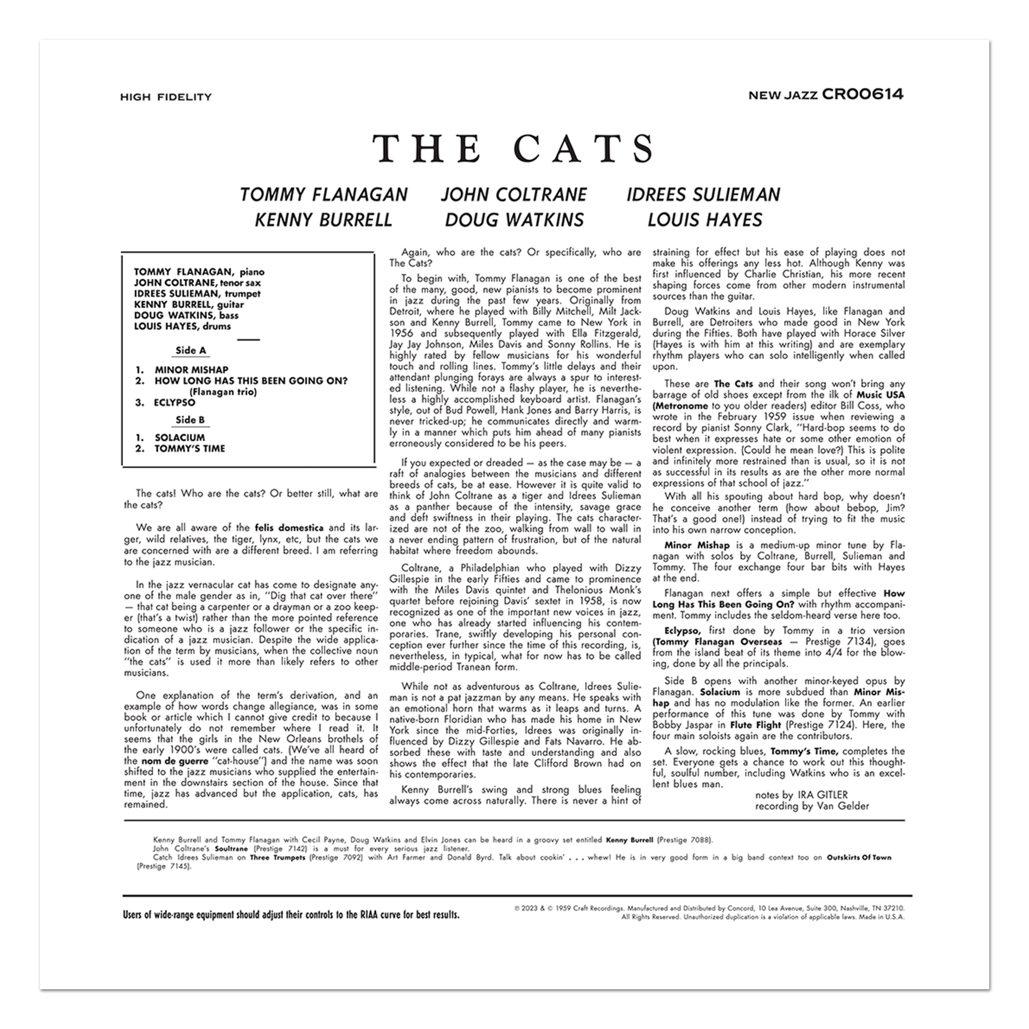 Original Jazz Classics Series The Cats LP vinile 180g 1959