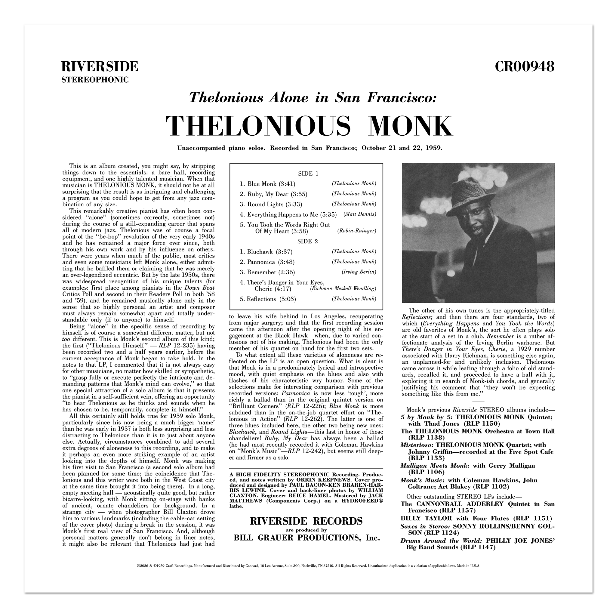 Original Jazz Classics Series Thelonious Alone vinile 180g