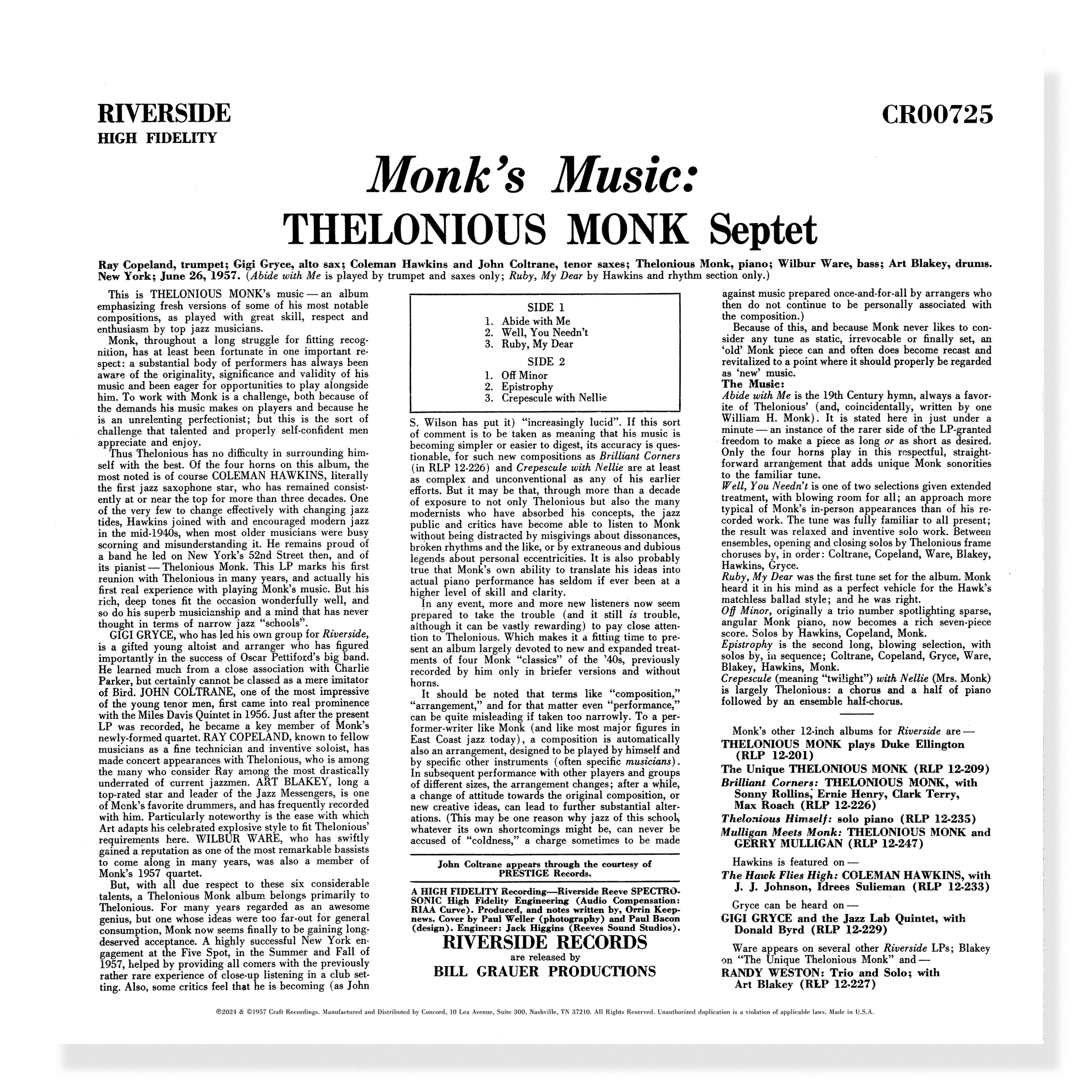 Original Jazz Classics Monk’s Music Thelonious Monk vinile 180g mono