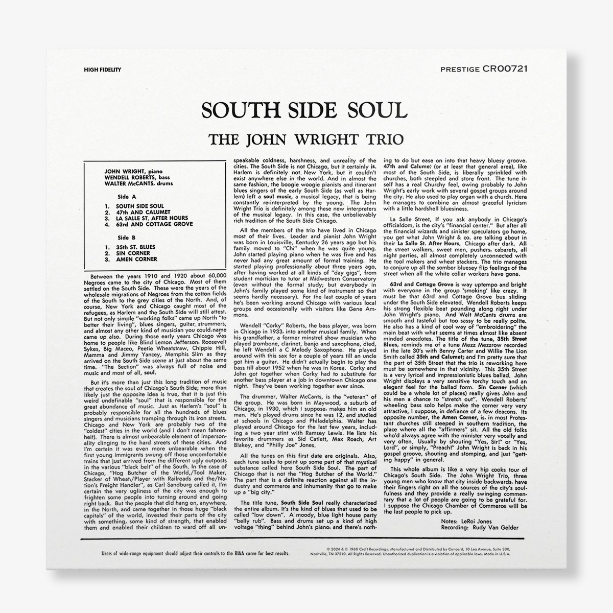 Original Jazz Classics Series South Side Soul vinile 180g Wright