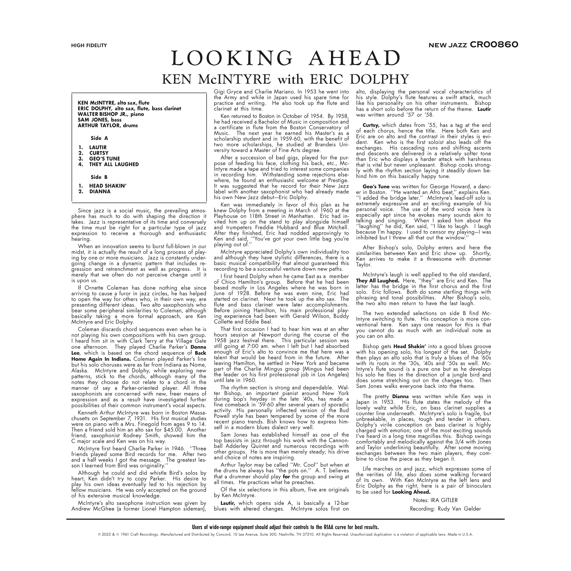 Original Jazz Classics Series Looking Ahead vinile 180g Dolphy