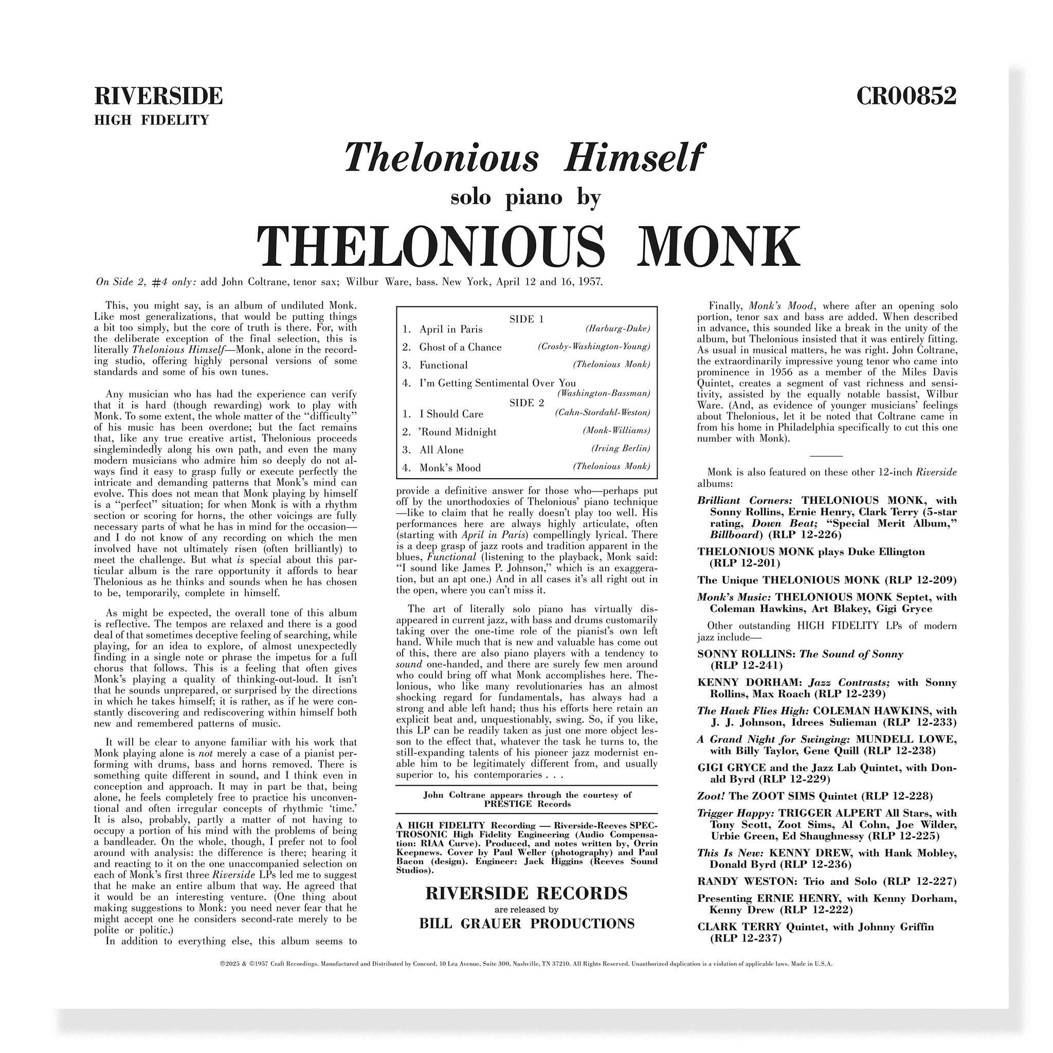 Original Jazz Classics Series Thelonious Himself LP 180g solo