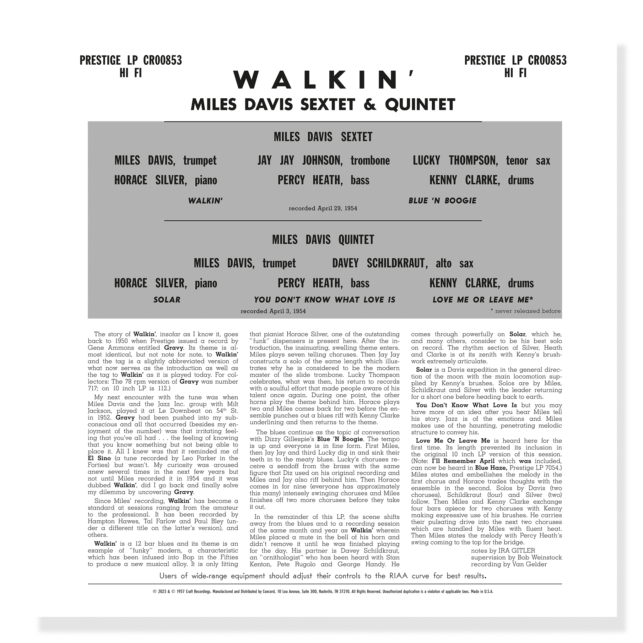 Original Jazz Classics Walkin Miles Davis vinile 180g analogico